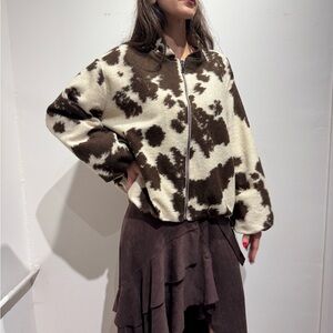Baloon Arms Brown and Cream Cow Print Women's Jacket